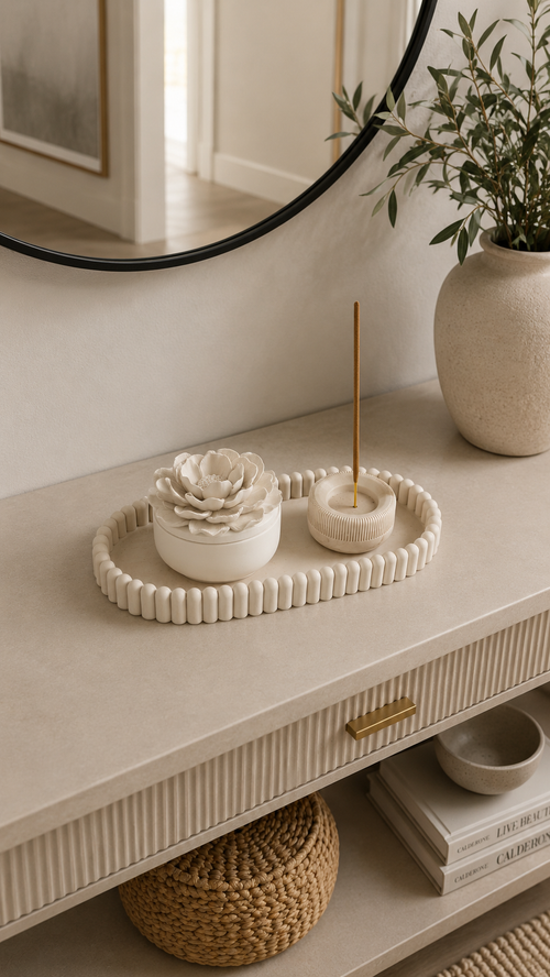 Aurea Ribbed Oval Tray | Decorative Vanity Tray | Neutral Entryway Organiser