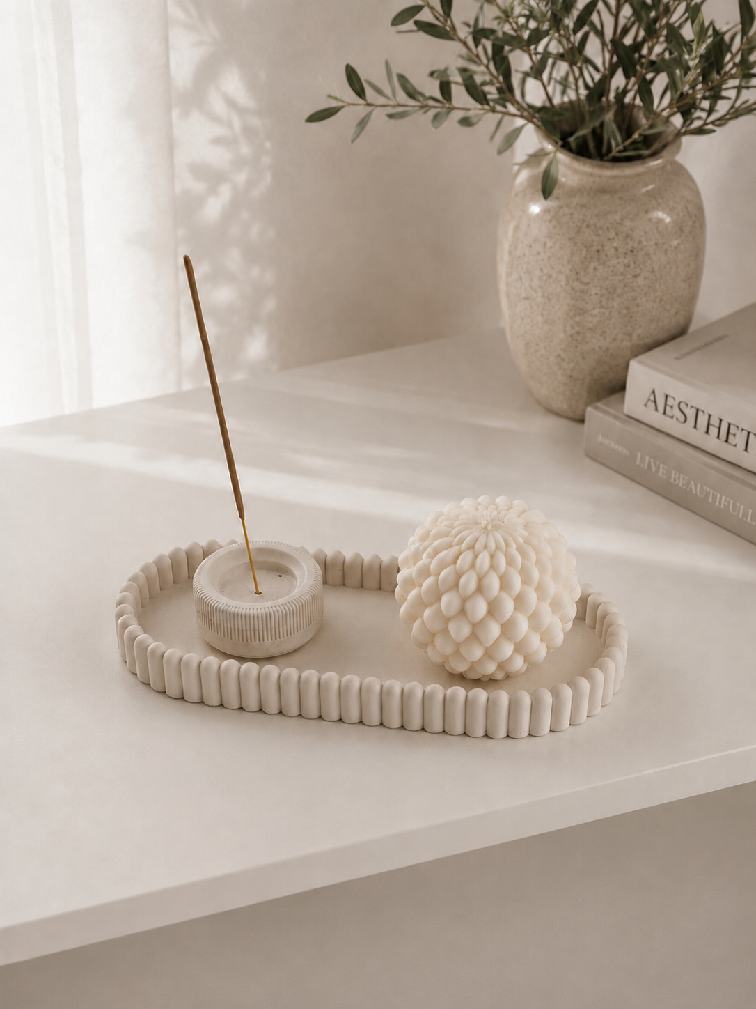 Aurea Ribbed Oval Tray | Decorative Vanity Tray | Neutral Entryway Organiser