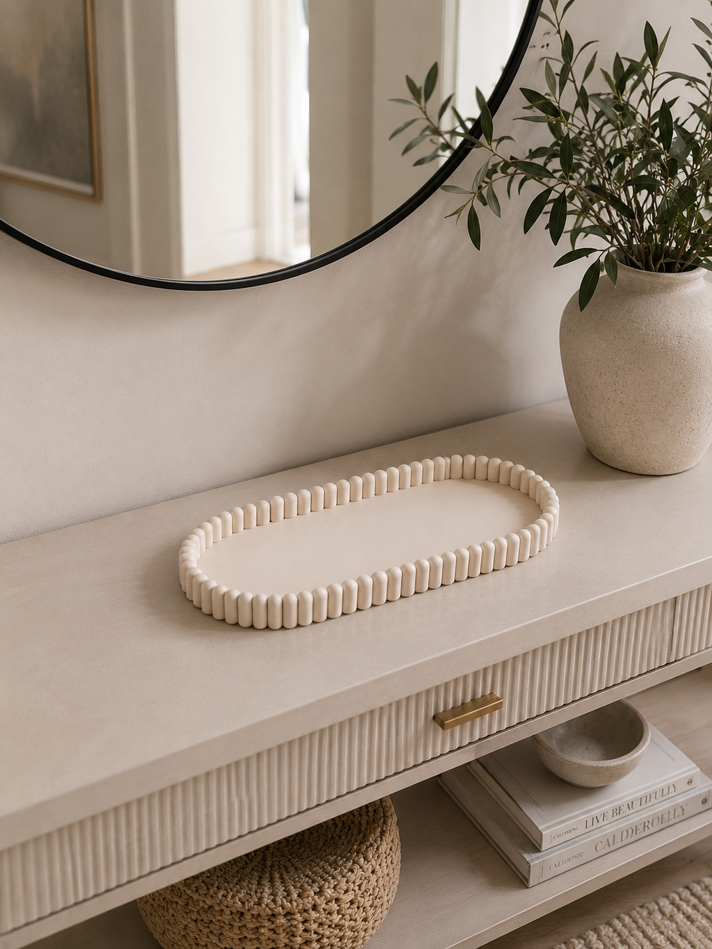 Aurea Ribbed Oval Tray | Decorative Vanity Tray | Neutral Entryway Organiser