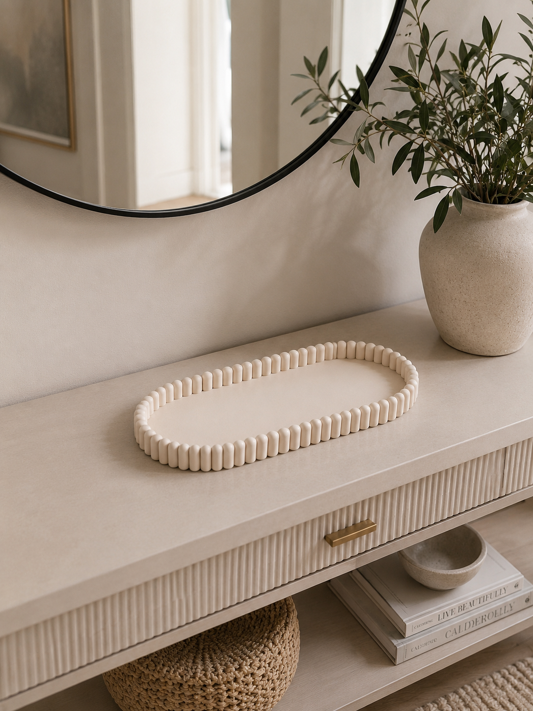 Aurea Ribbed Oval Tray | Decorative Vanity Tray | Neutral Entryway Organiser