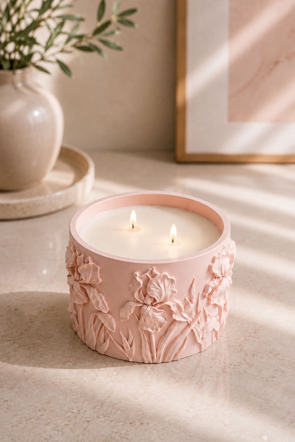 Soft pink Iris floral candle with sculptural flower and leaf detailing