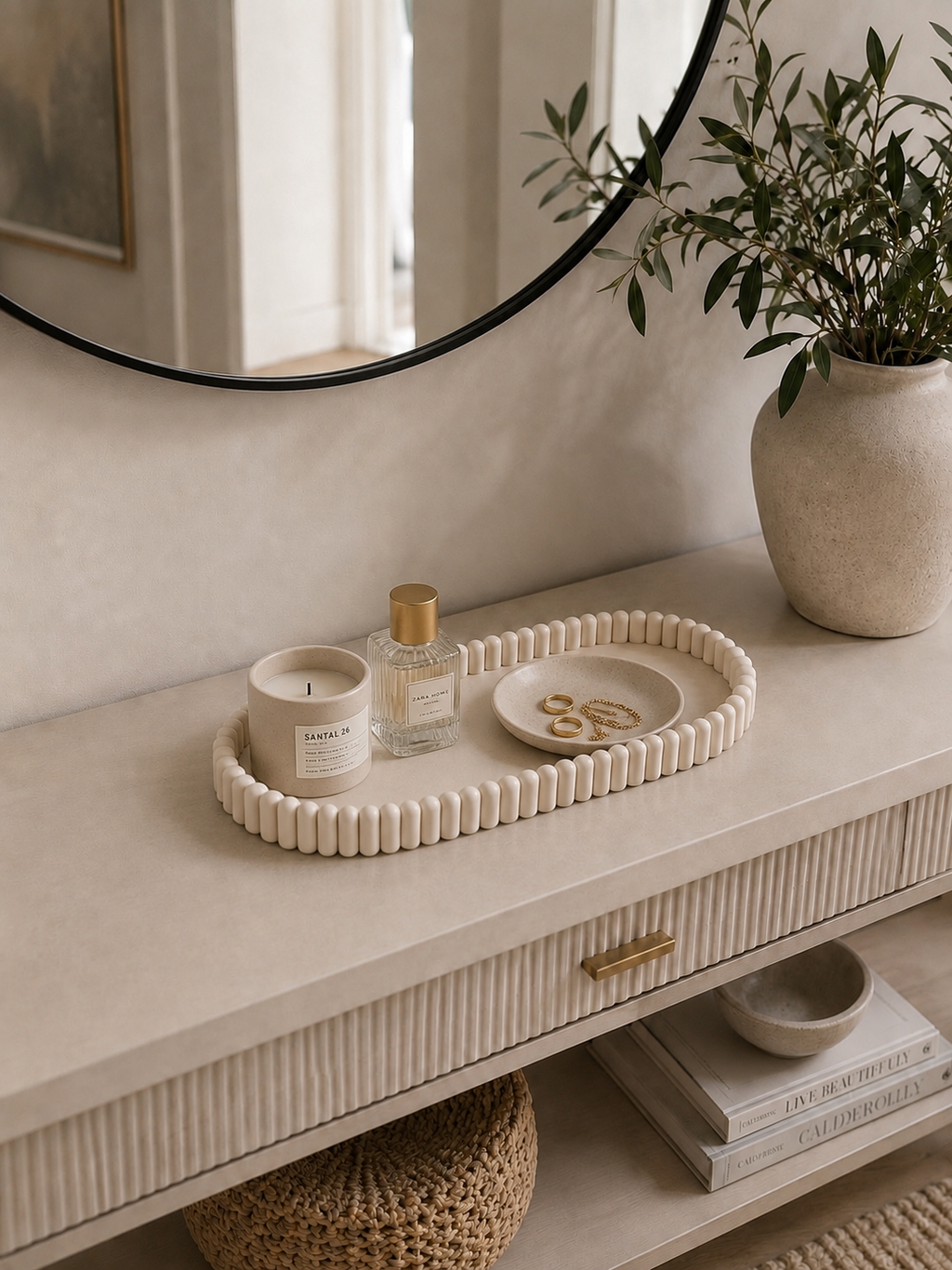 Aurea Ribbed Oval Tray | Decorative Vanity Tray | Neutral Entryway Organiser