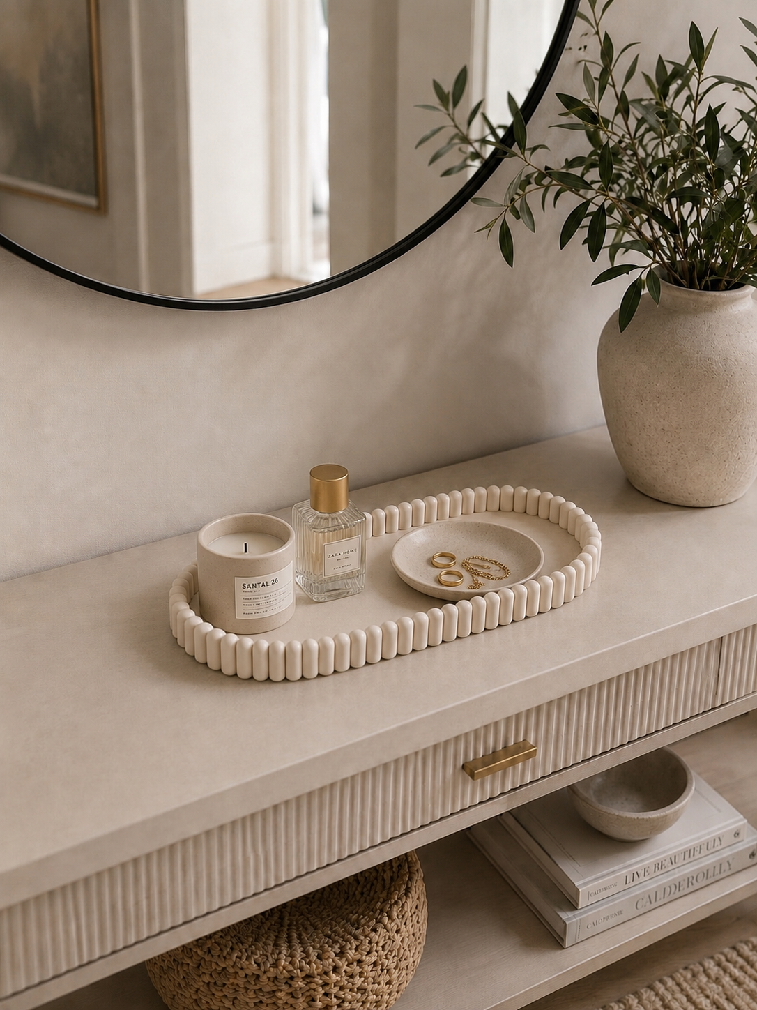 Aurea Ribbed Oval Tray | Decorative Vanity Tray | Neutral Entryway Organiser