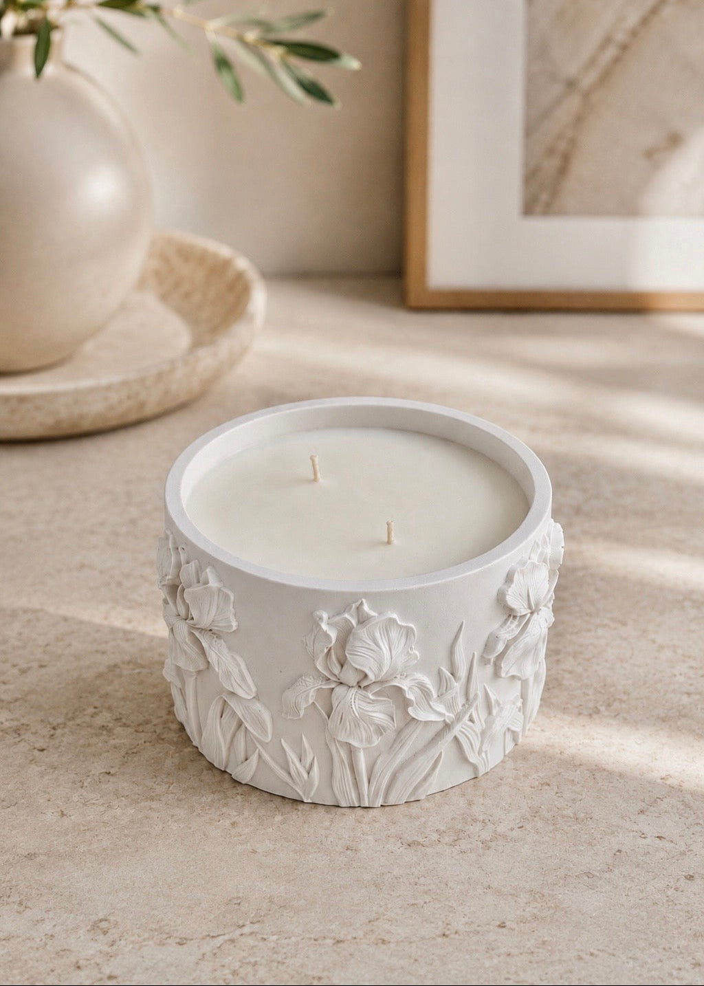 White Iris floral candle with raised botanical detailing and two wicks