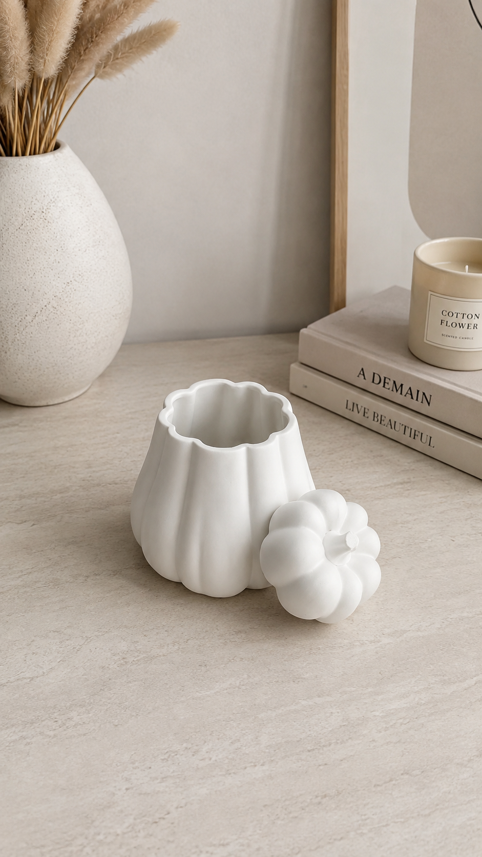 Pumpkin Storage Pot with Lid | Decorative Trinket Pot | Neutral Autumn Home Decor
