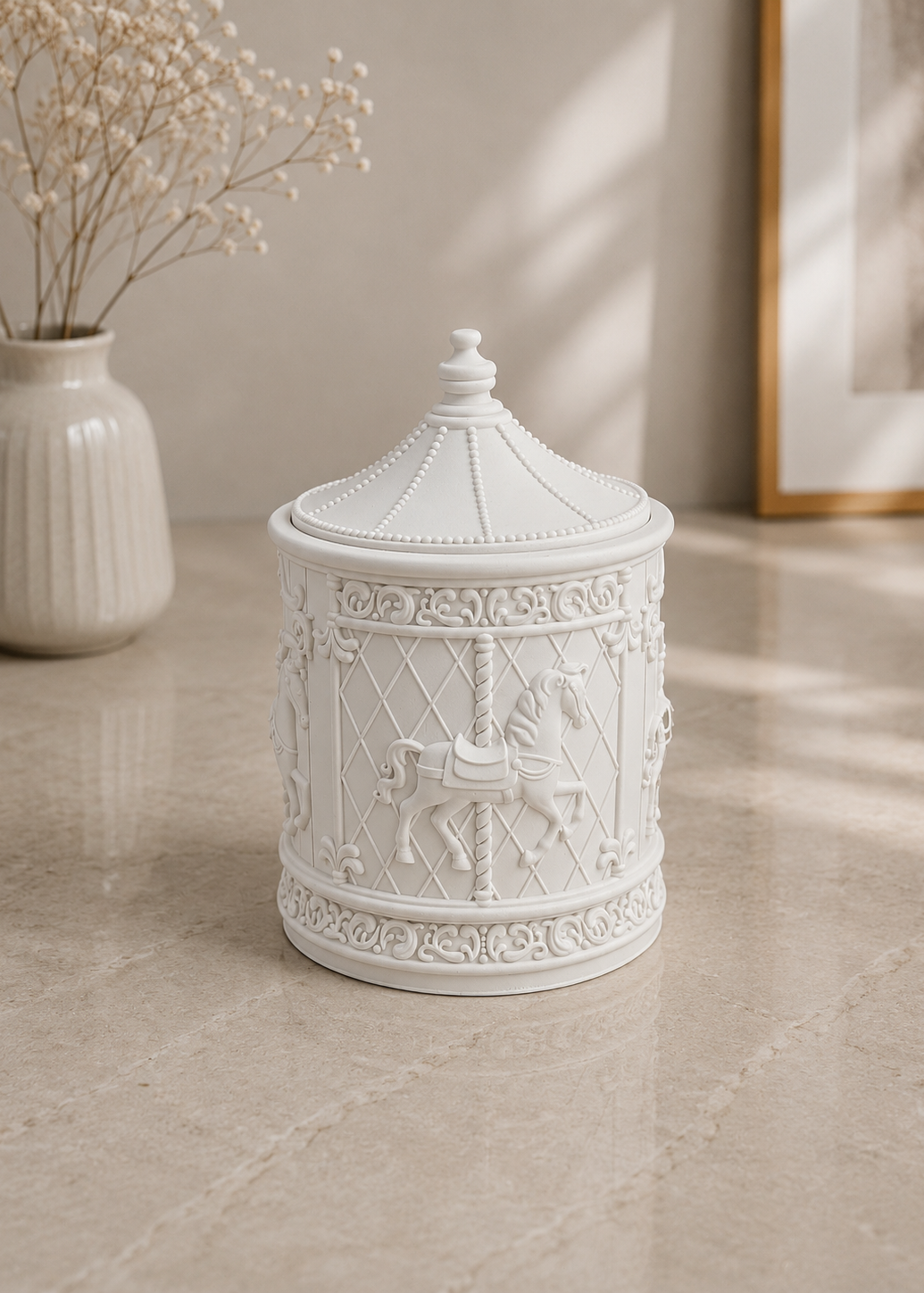White carousel trinket box with lid for White carousel trinket box with lid for neutral home decor and keepsake storage