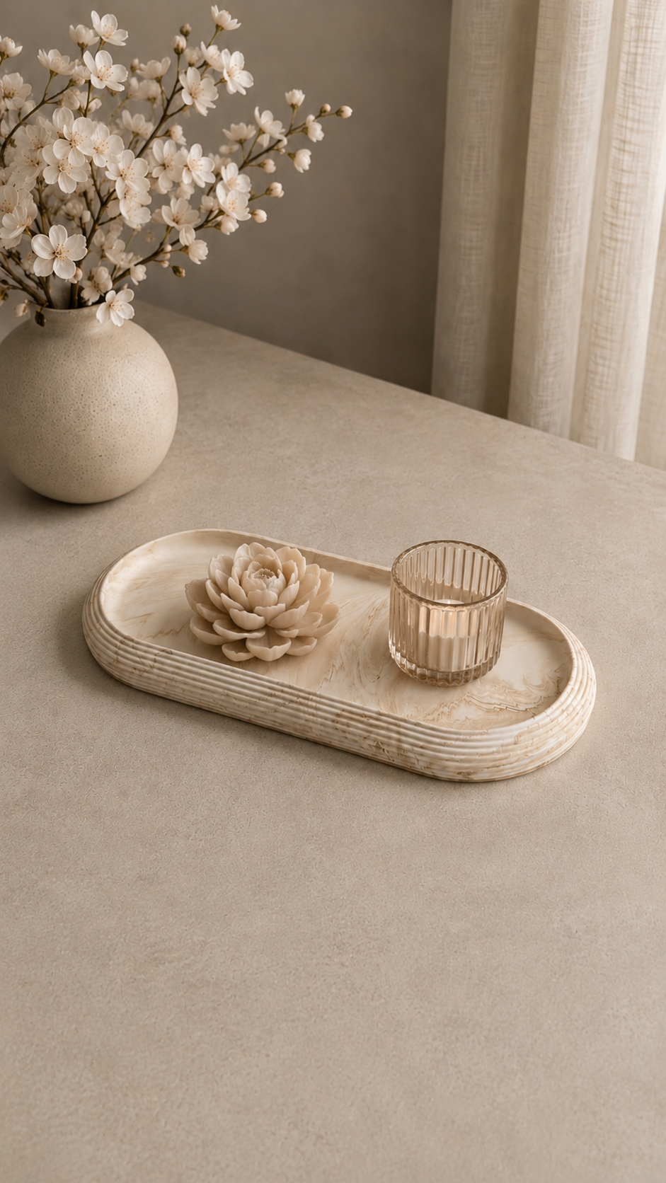 Lumi Ribbed Oval Decorative Tray | Neutral Home Decor
