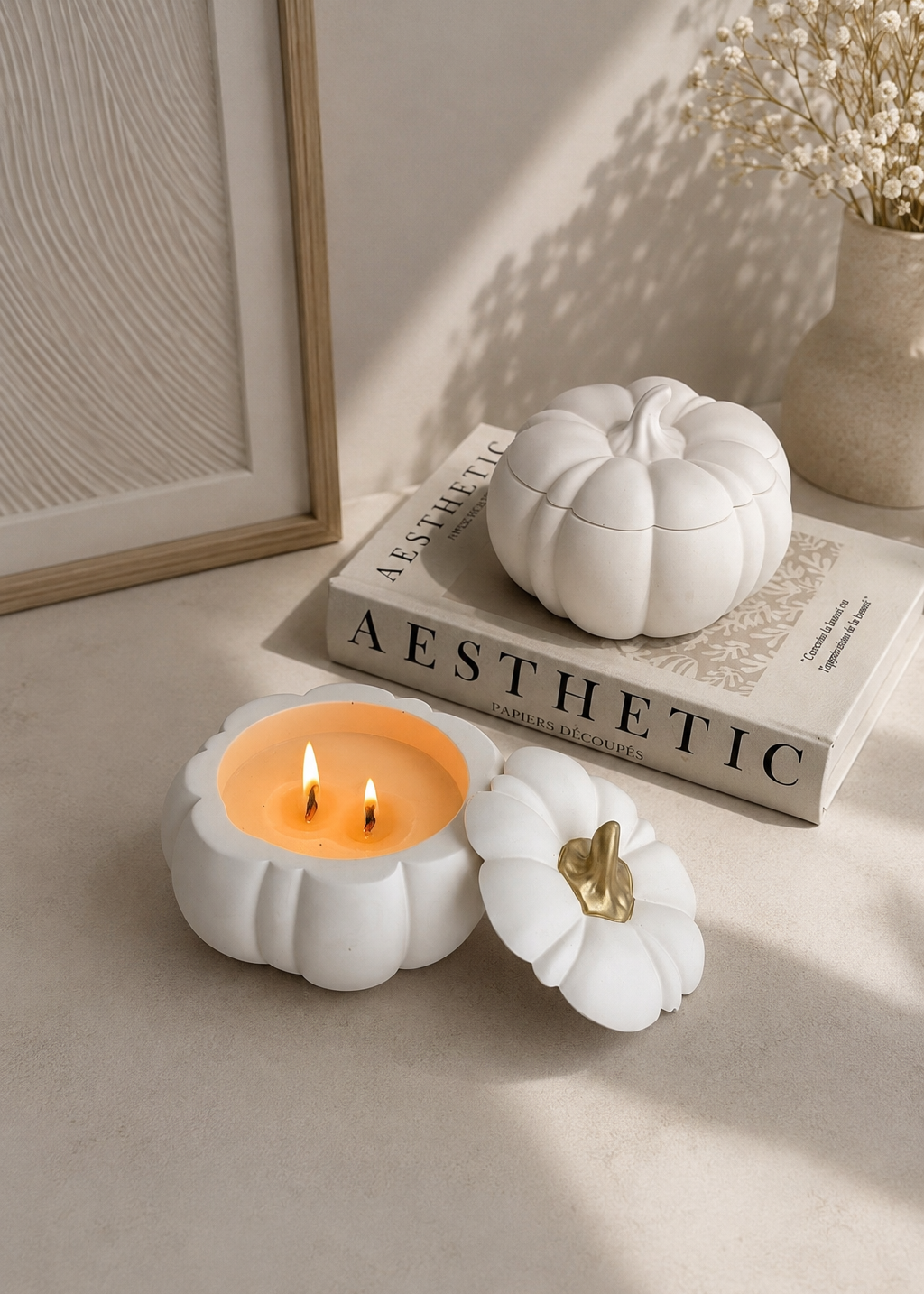 White pumpkin candle with lid for neutral autumn home decor