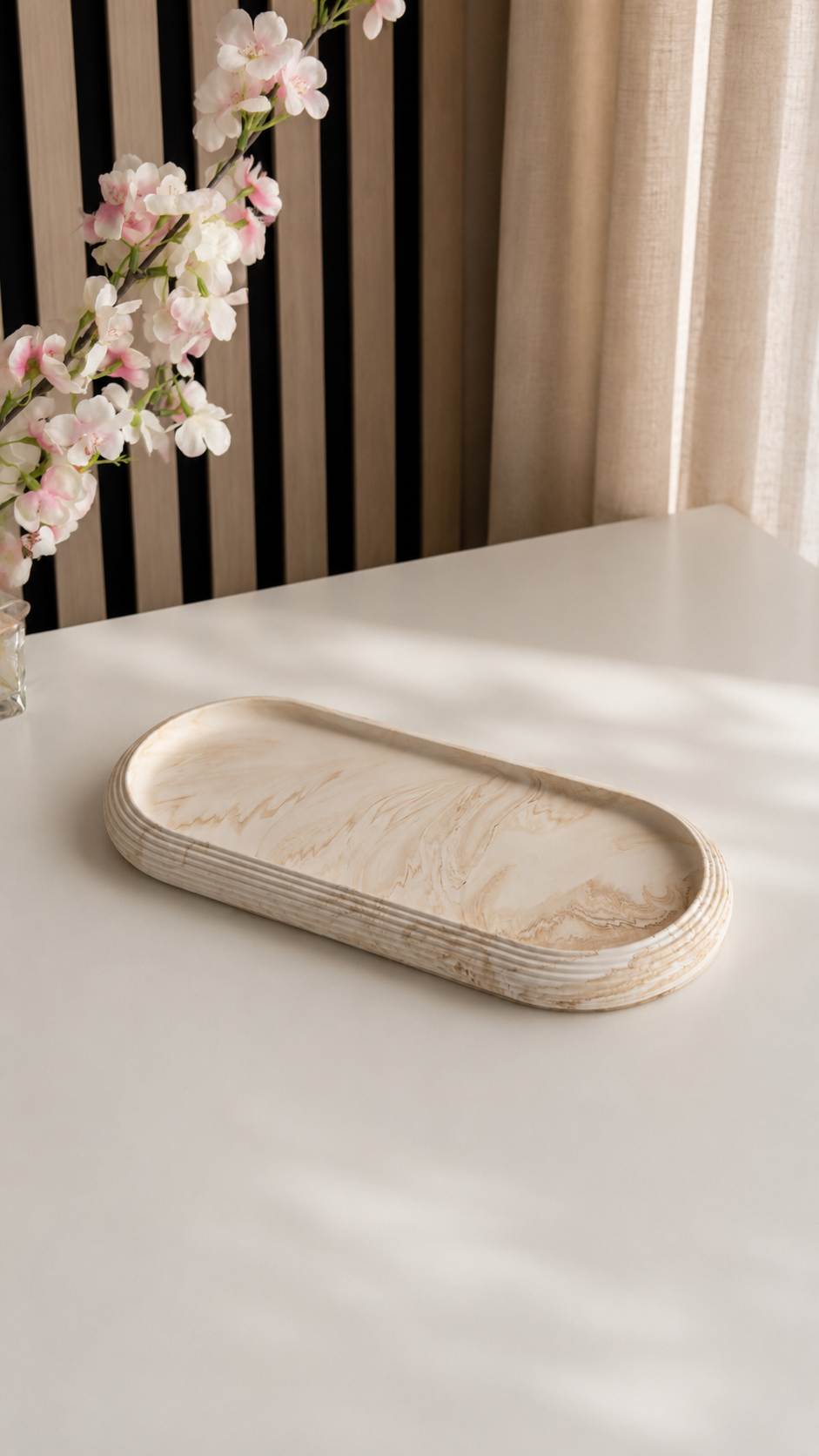 Lumi Ribbed Oval Decorative Tray | Neutral Home Decor