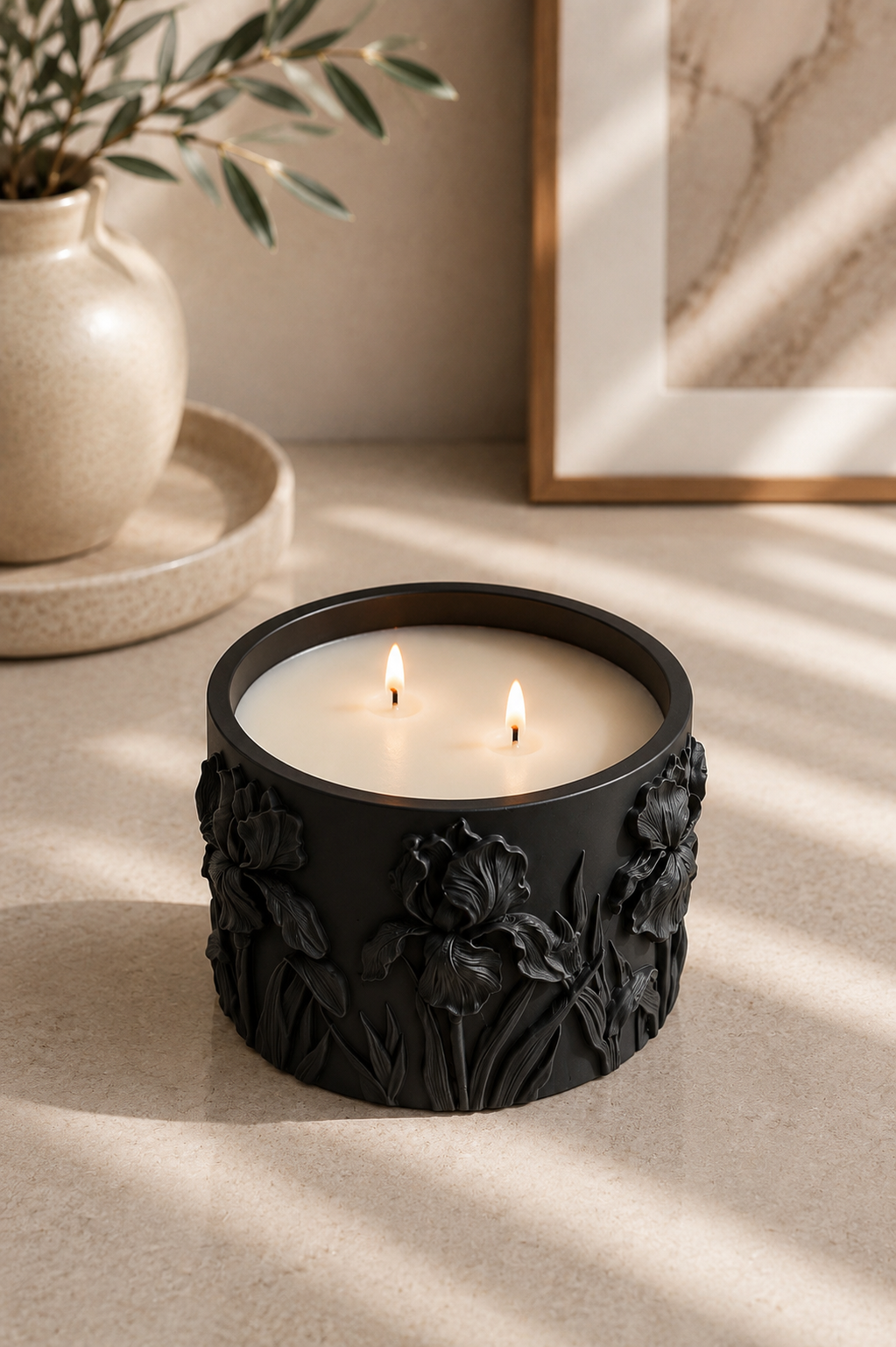 Black Iris floral candle with raised botanical relief and two wicks
