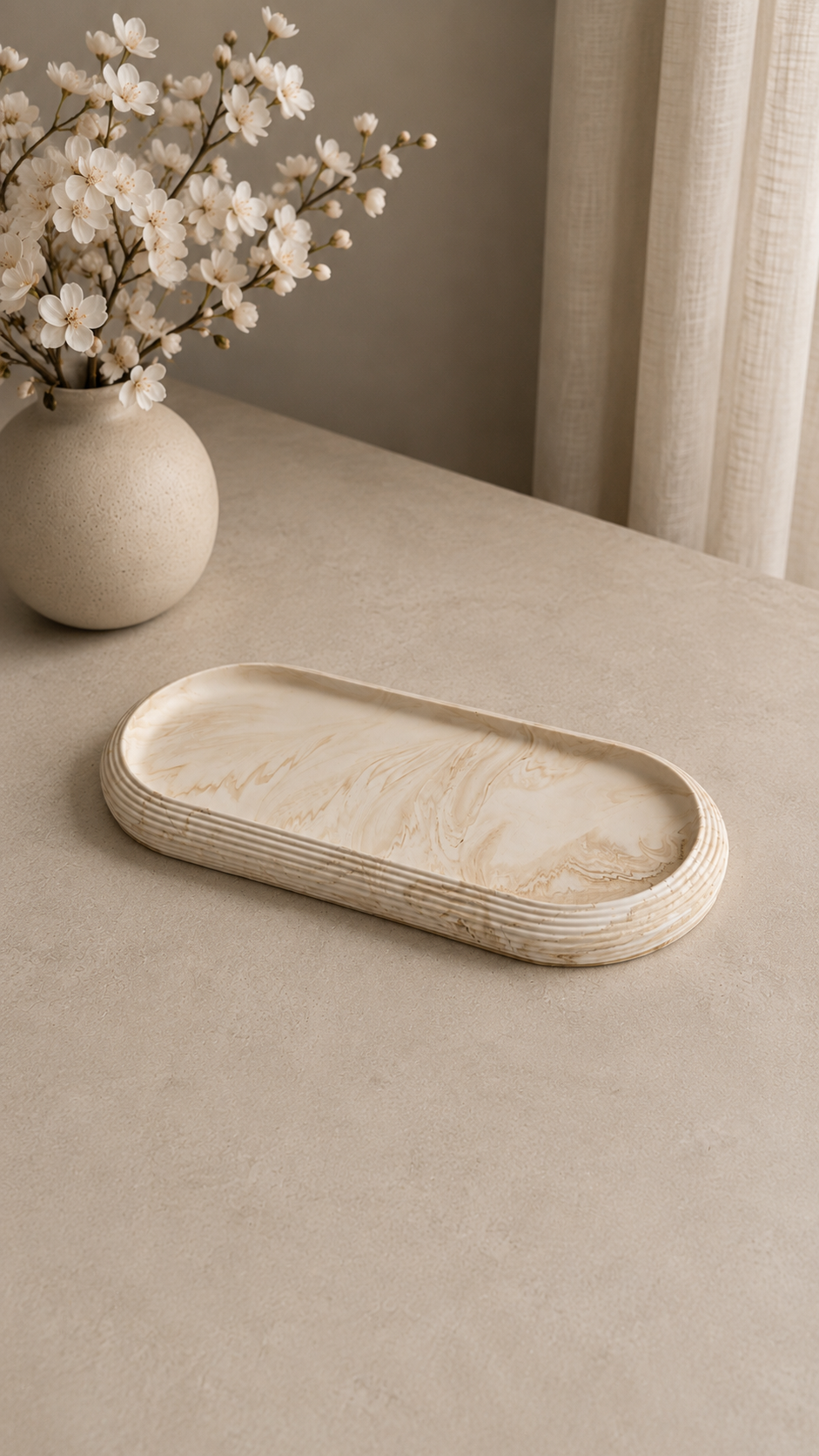 Lumi Ribbed Oval Decorative Tray | Neutral Home Decor