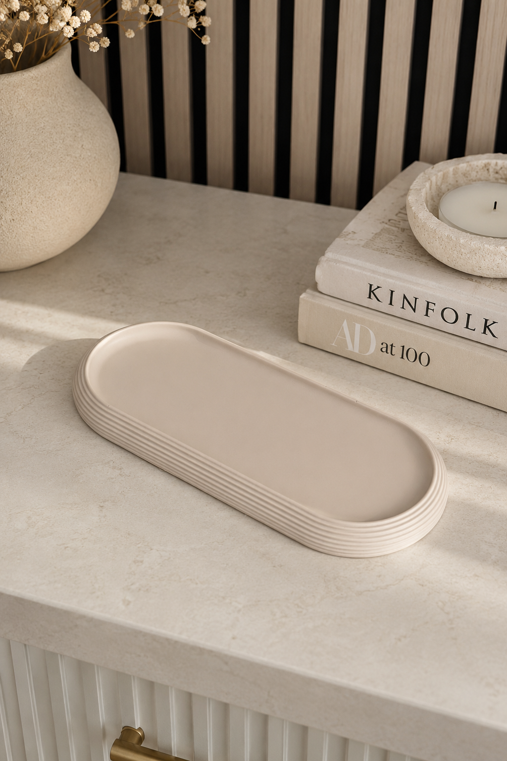Lumi Ribbed Oval Decorative Tray | Neutral Home Decor