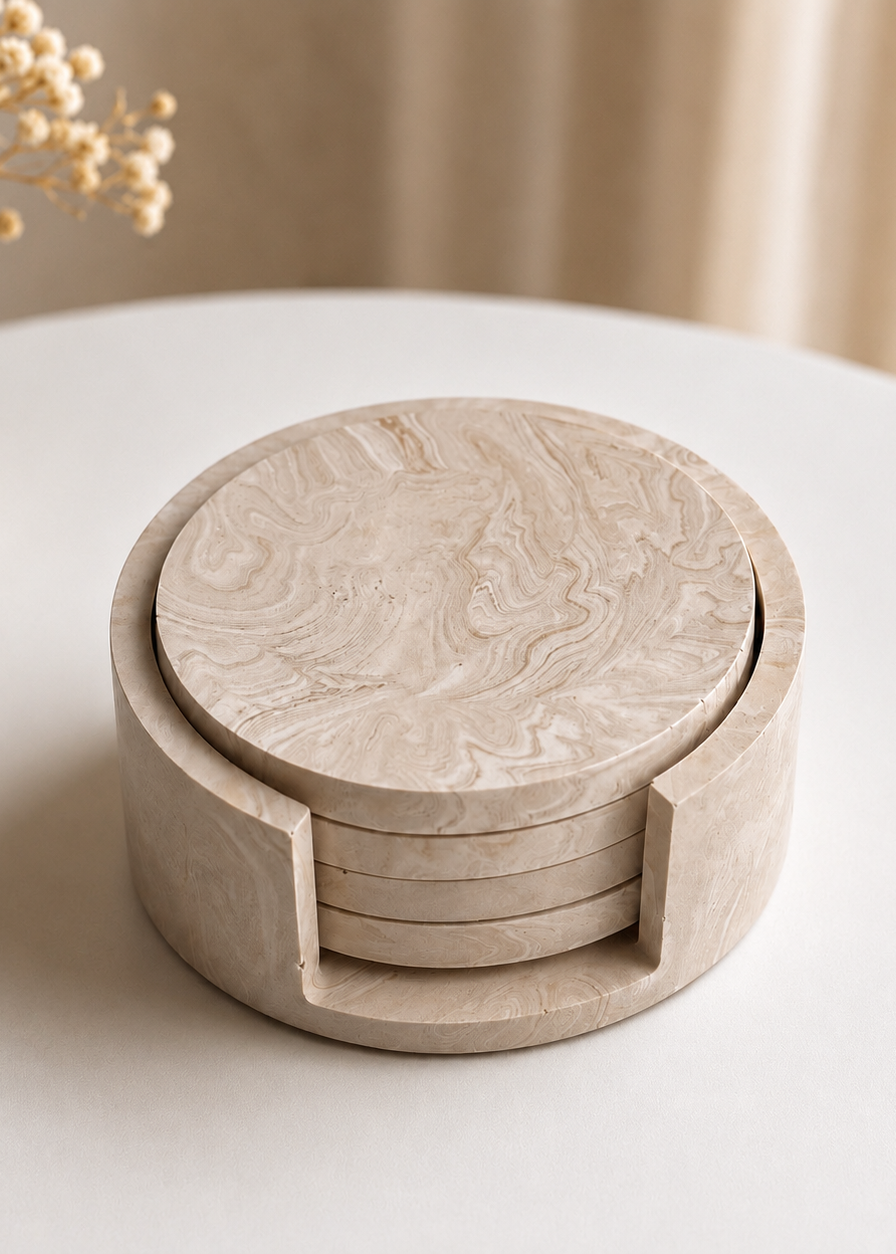 Round Coaster Set with Holder | Neutral Home Decor