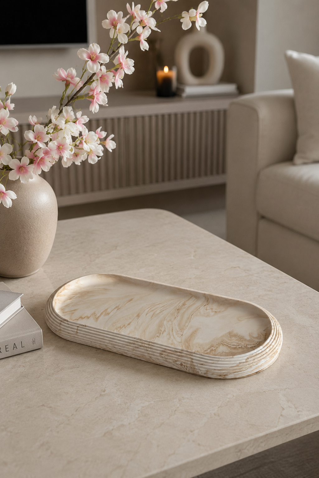 Lumi Ribbed Oval Decorative Tray | Neutral Home Decor