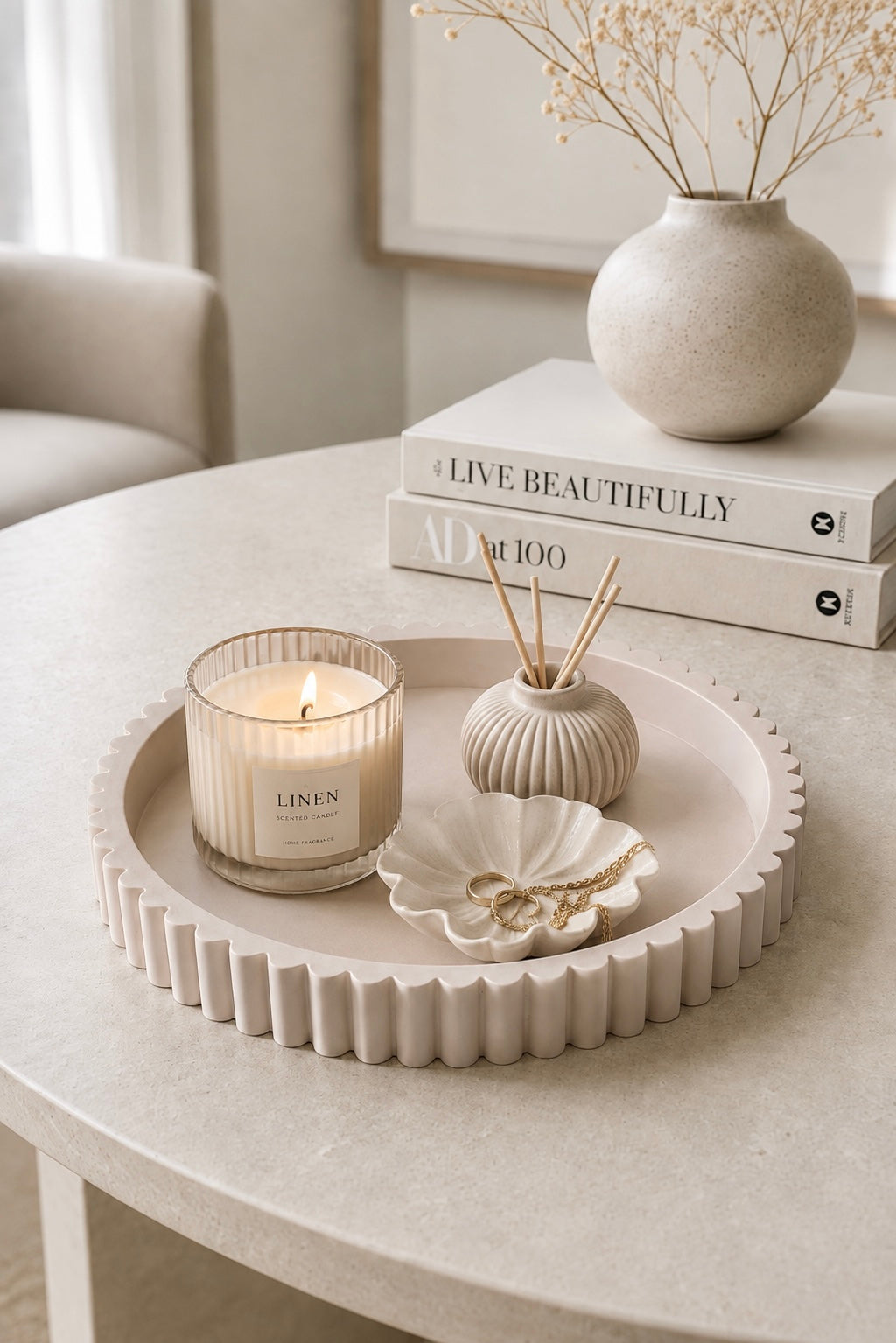 Vela Large Scalloped Decorative Tray | Neutral Home Decor