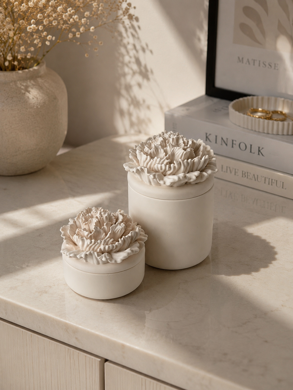 Peony Flower Storage Pot with Lid | Decorative Storage Box | Neutral Home Decor