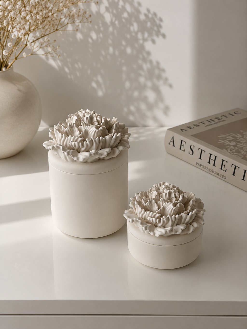 Peony Flower Storage Pot with Lid | Decorative Storage Box | Neutral Home Decor