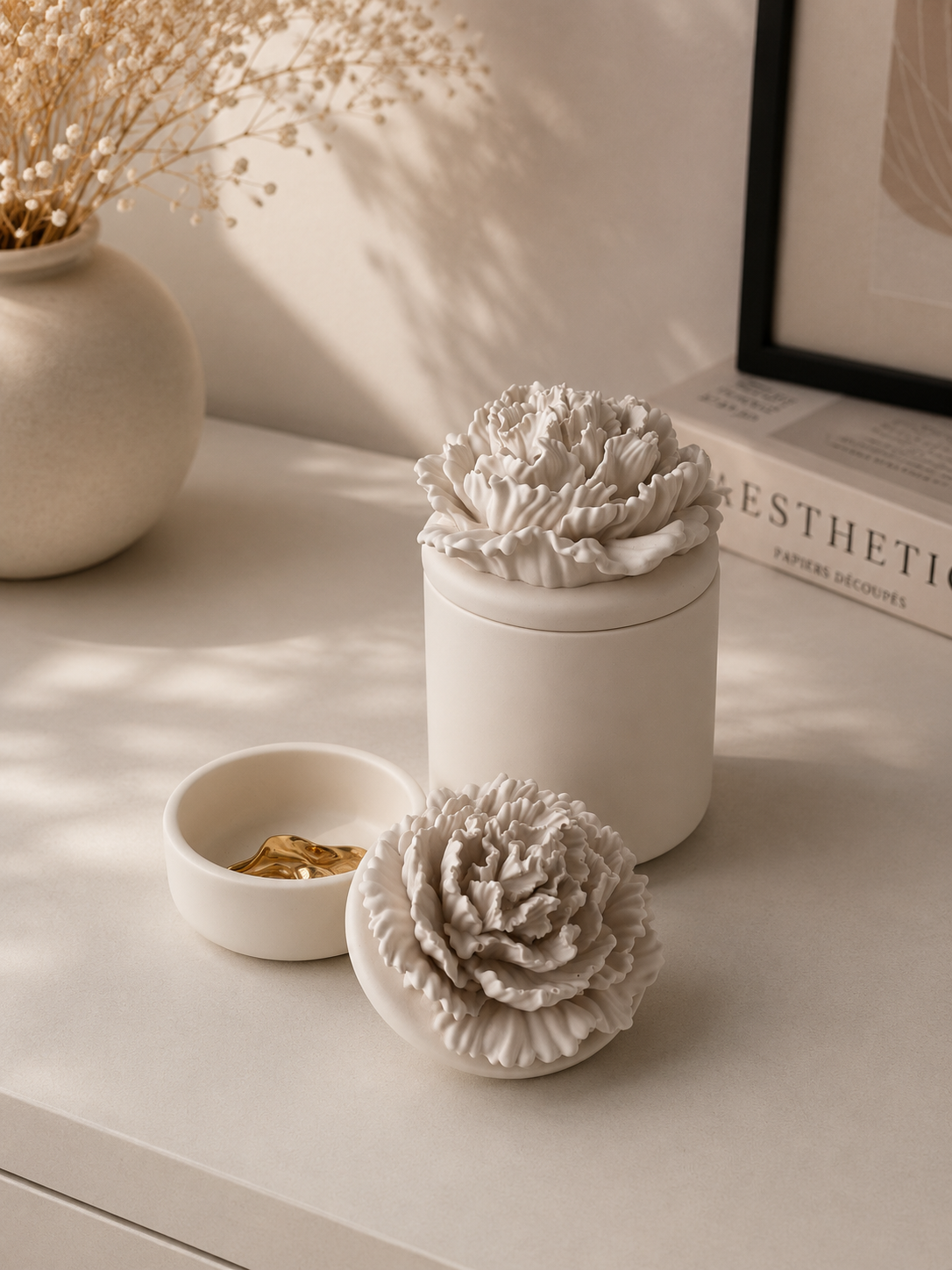 Peony Flower Storage Pot with Lid | Decorative Storage Box | Neutral Home Decor