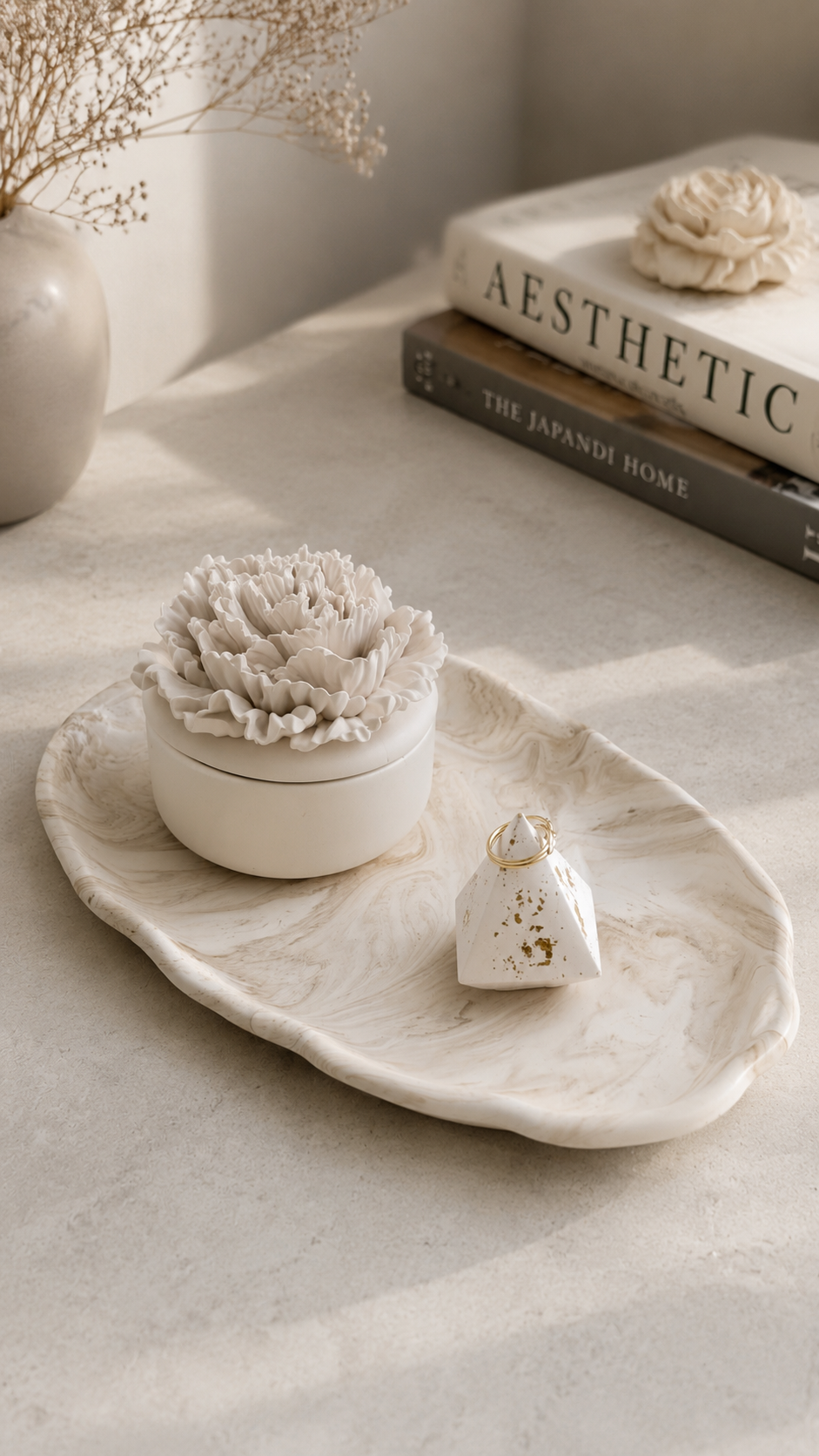 Veyra decorative vanity tray styled with perfume, jewellery and modern home accessories in a neutral interior.