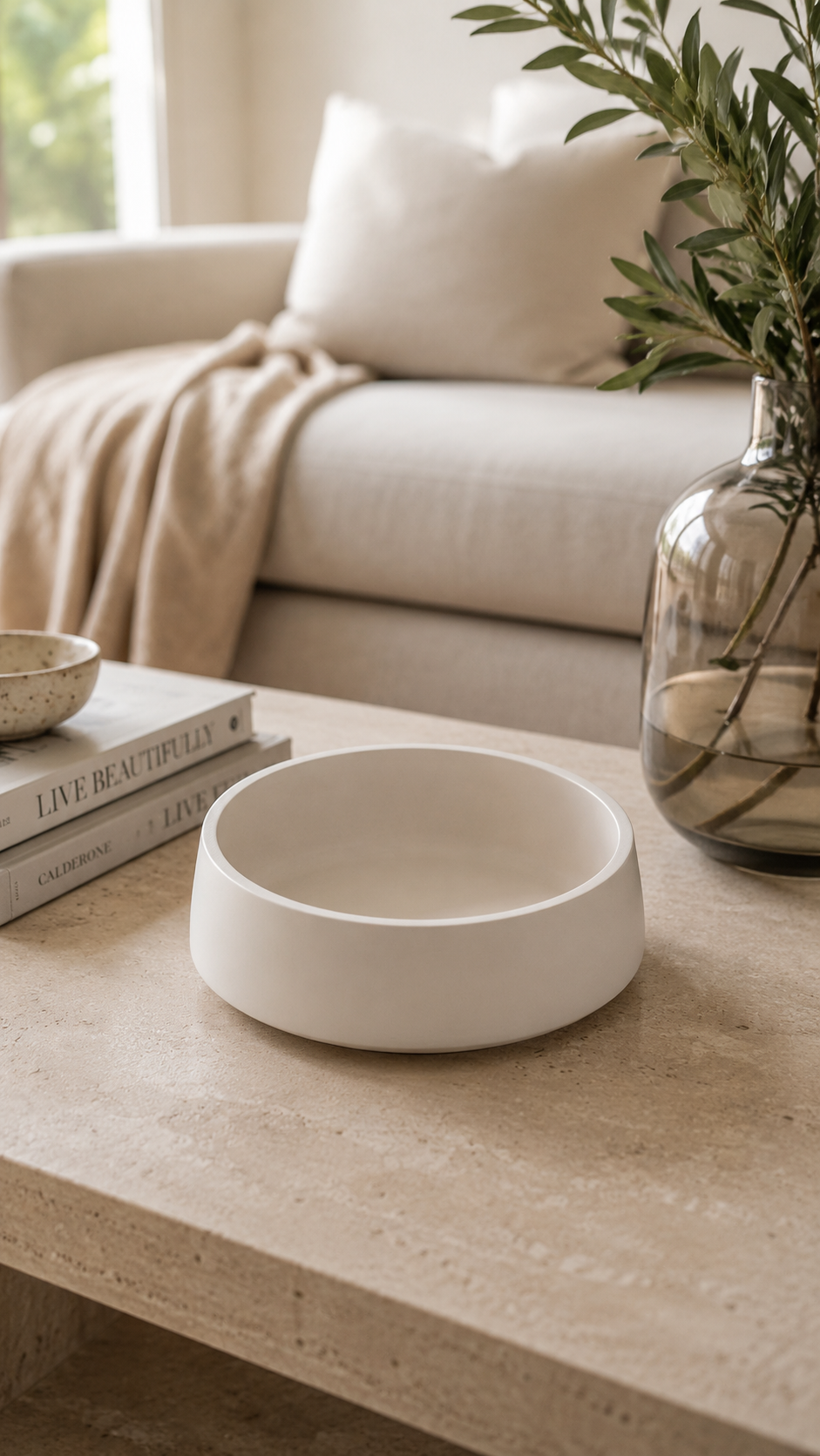 Neutral sculptural bowl styled as coffee table decor in a warm modern interior.