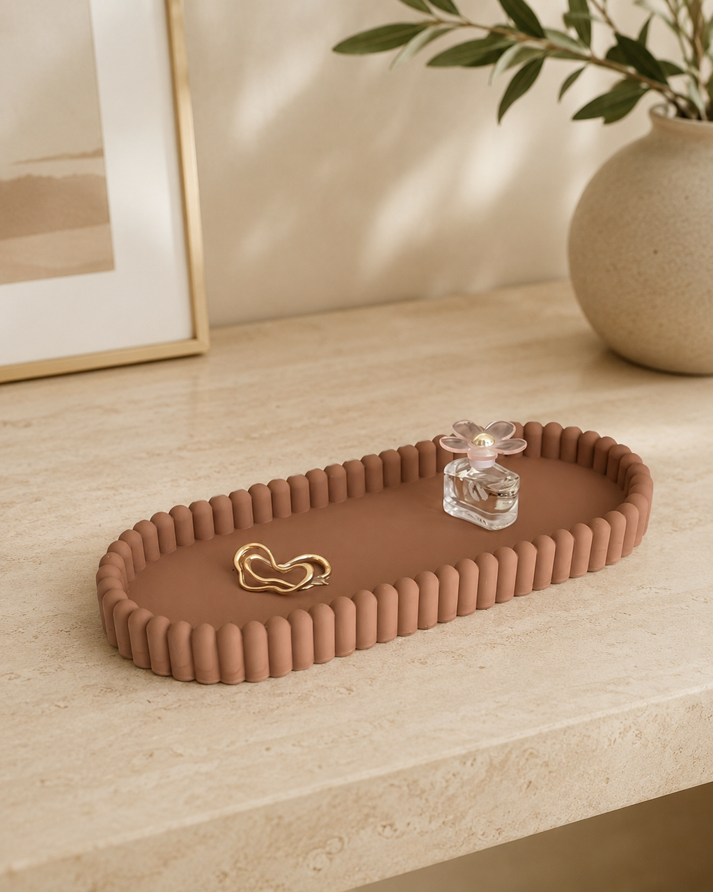 Aurea Ribbed Oval Tray | Decorative Vanity Tray | Neutral Entryway Organiser