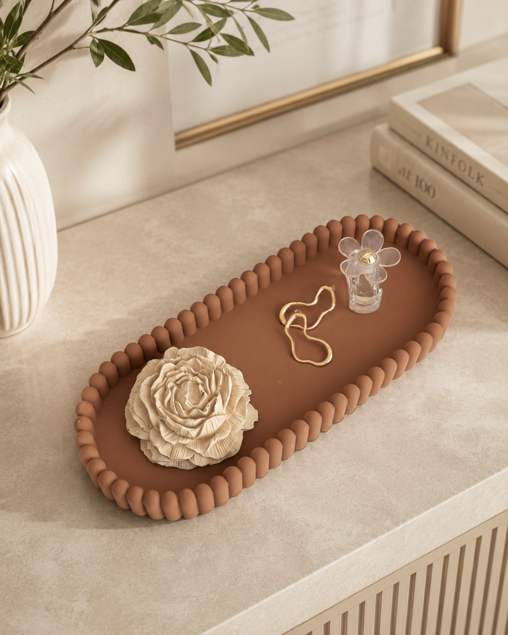 Aurea Ribbed Oval Tray | Decorative Vanity Tray | Neutral Entryway Organiser