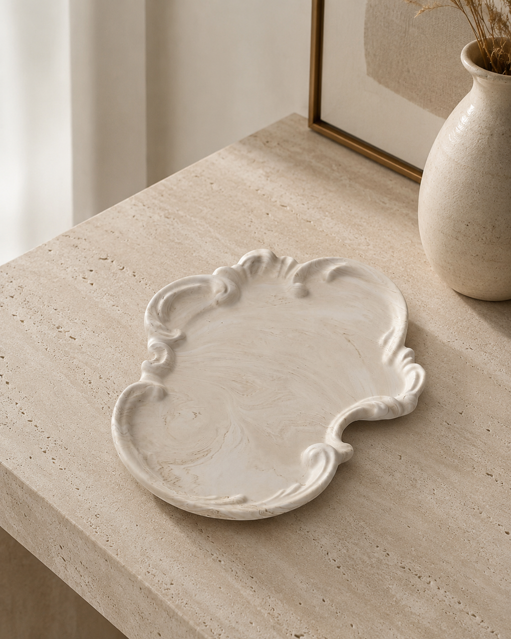 Empty MArble Rococo jewellery and perfume tray with ornate raised scroll edges