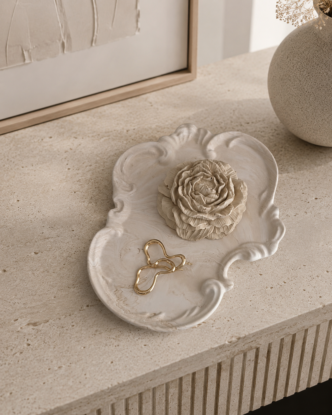 Marble beige Rococo decorative tray styled with a sculpted flower