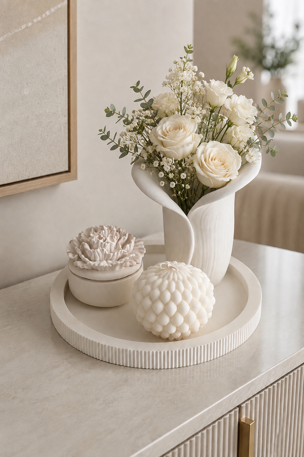 Handcrafted ribbed round decorative tray styled on a modern console table with candles, jewellery and neutral home décor accessories.