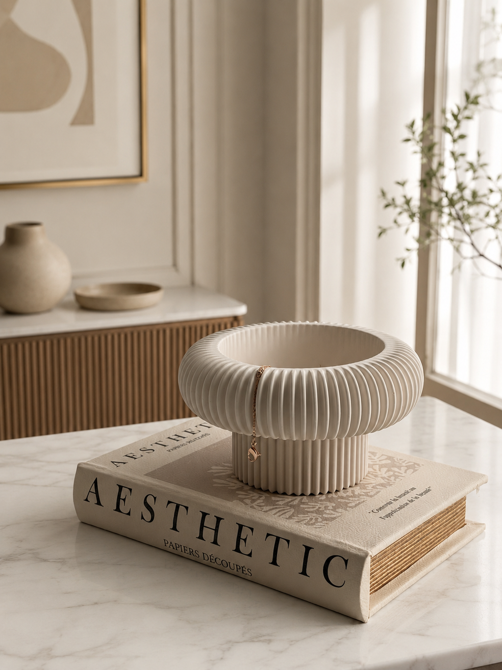 Ribbed Pedestal Bowl | Neutral Home Decor | Decorative Catchall Bowl for Jewellery, Keys & Everyday Styling