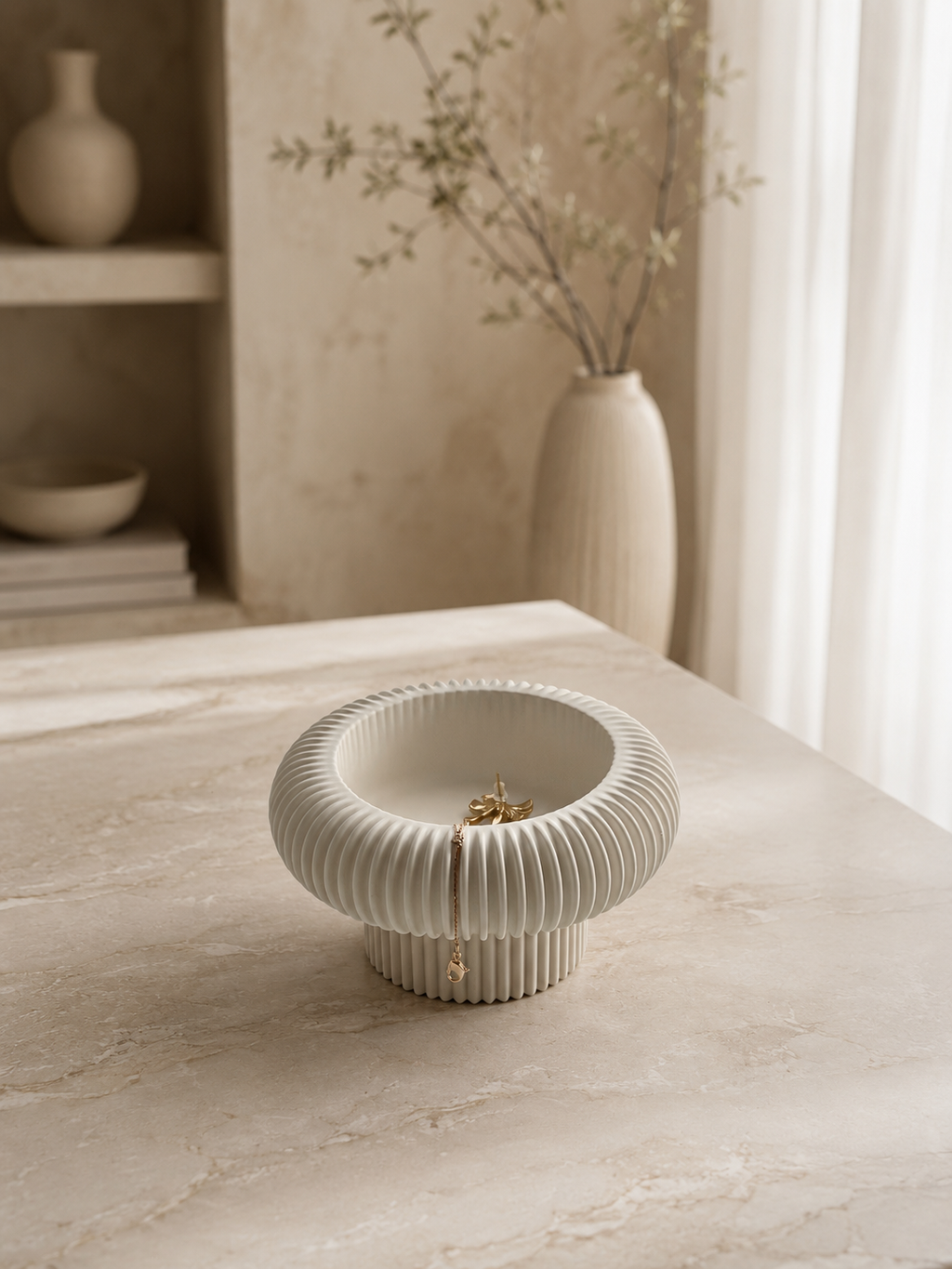 Ribbed Pedestal Bowl | Neutral Home Decor | Decorative Catchall Bowl for Jewellery, Keys & Everyday Styling