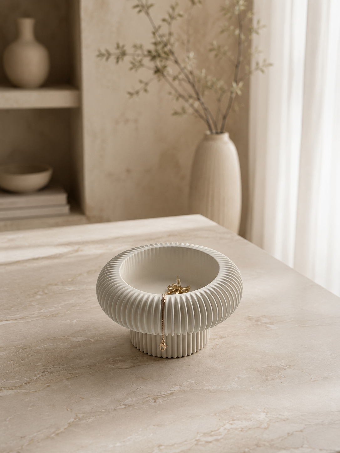 Ribbed Pedestal Bowl | Neutral Home Decor | Decorative Catchall Bowl for Jewellery, Keys & Everyday Styling