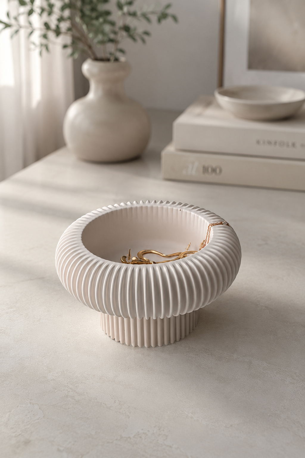 Ribbed Pedestal Bowl | Neutral Home Decor | Decorative Catchall Bowl for Jewellery, Keys & Everyday Styling
