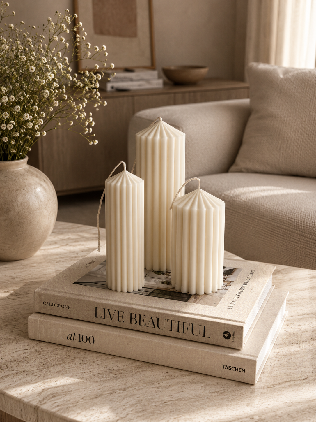 Set of three handcrafted fluted pillar candles made from rapeseed and soy wax, styled on a modern neutral coffee table in a contemporary living room.
