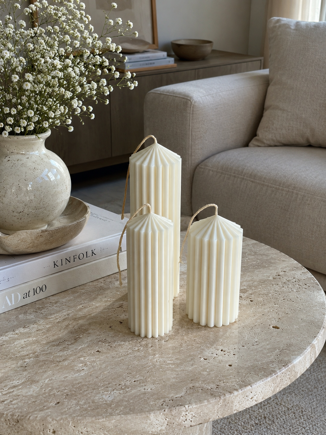 Fluted Pillar Candle Set | Sculptural Decorative Candles | Neutral Home Decor