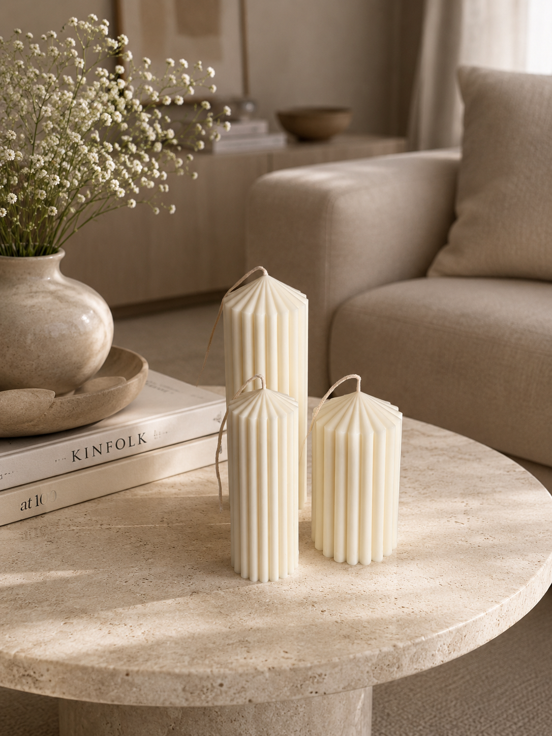 Fluted Pillar Candle Set | Sculptural Decorative Candles | Neutral Home Decor