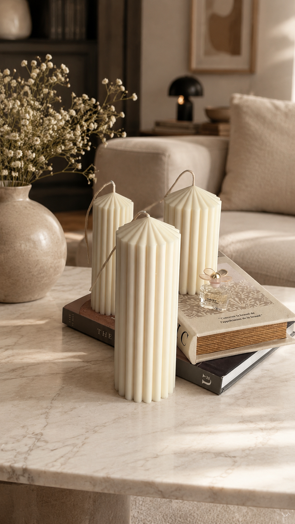 Fluted Pillar Candle Set | Sculptural Decorative Candles | Neutral Home Decor