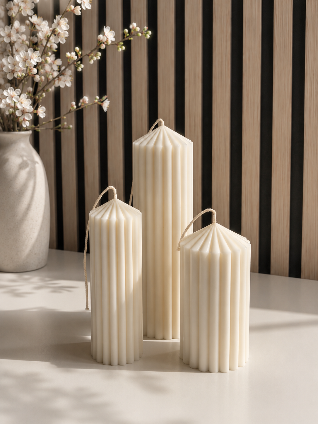 Fluted Pillar Candle Set | Sculptural Decorative Candles | Neutral Home Decor