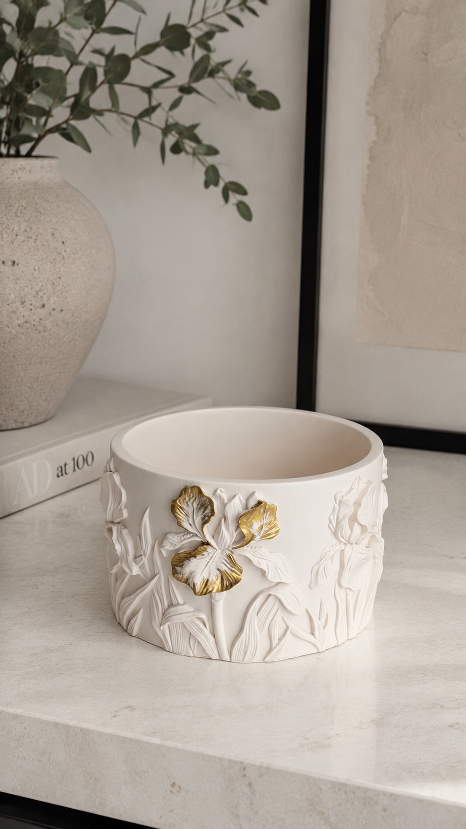 Iris Bloom Pot | Decorative Floral Storage Pot | Neutral Home Decor