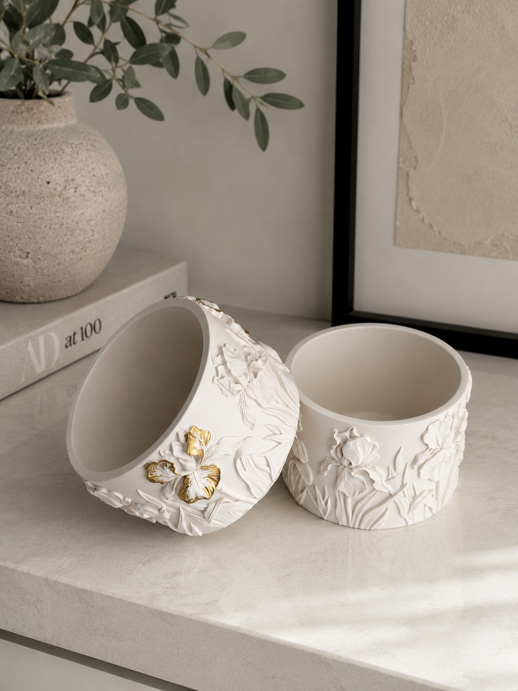 Iris Bloom Pot | Decorative Floral Storage Pot | Neutral Home Decor