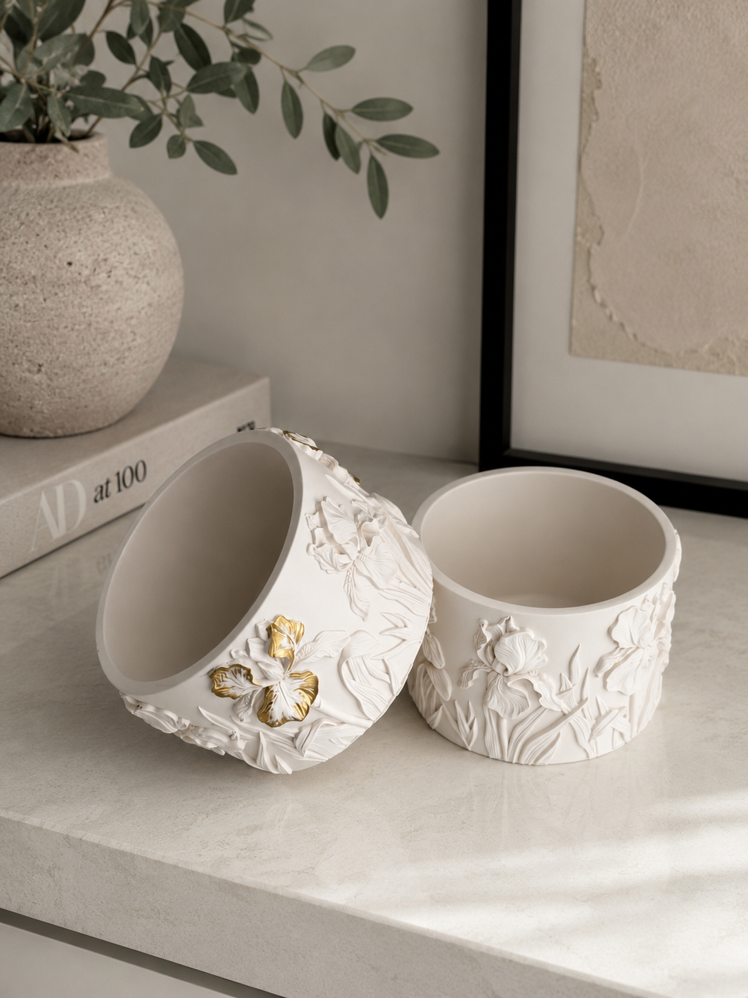 Iris Bloom Pot | Decorative Floral Storage Pot | Neutral Home Decor