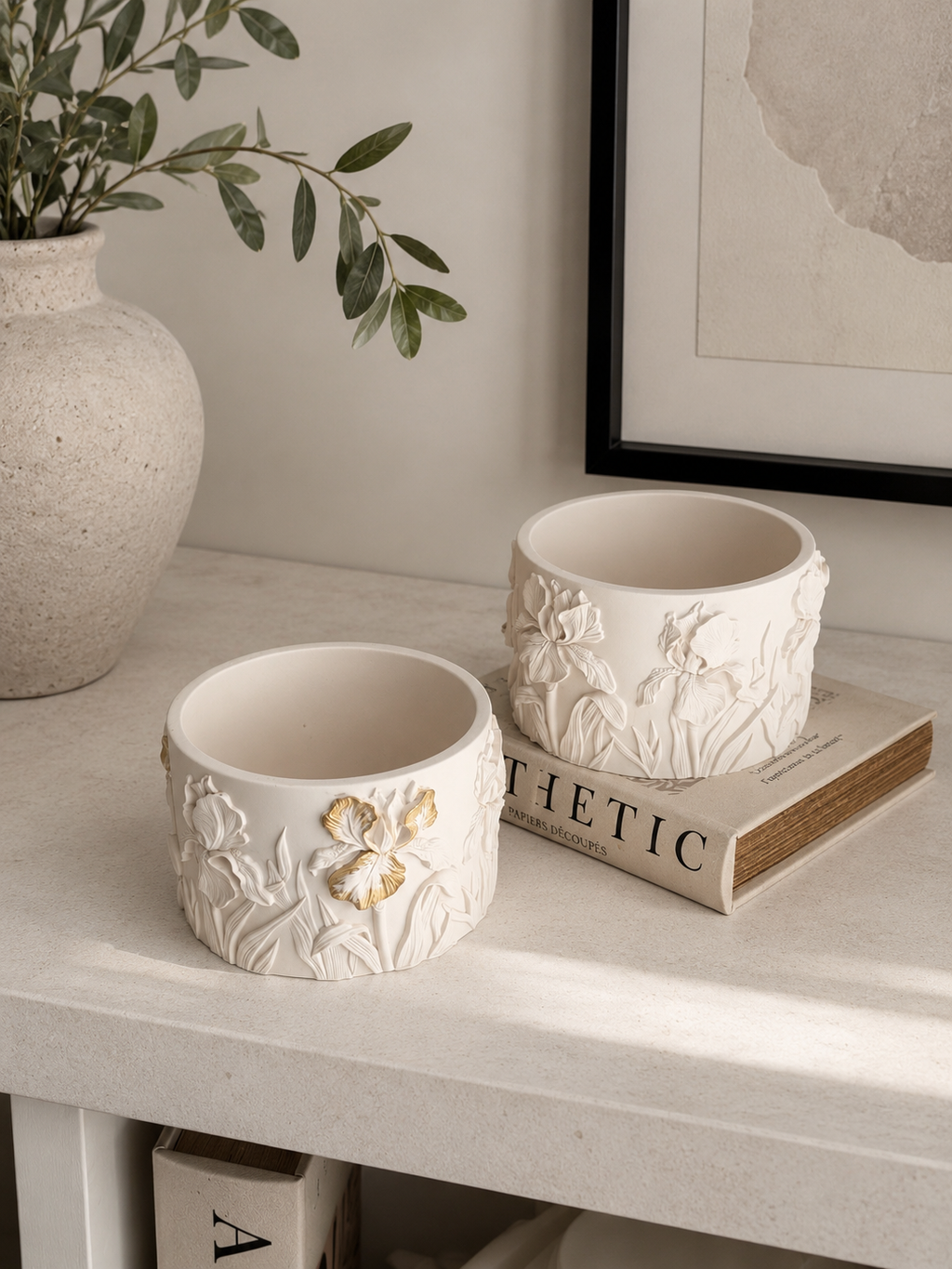 Iris Bloom Pot | Decorative Floral Storage Pot | Neutral Home Decor