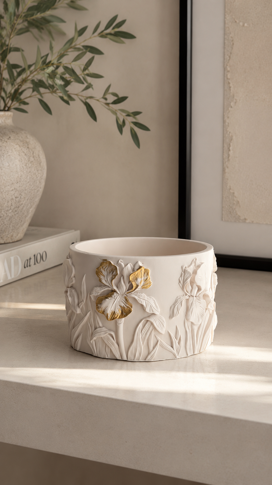 Iris Bloom Pot | Decorative Floral Storage Pot | Neutral Home Decor