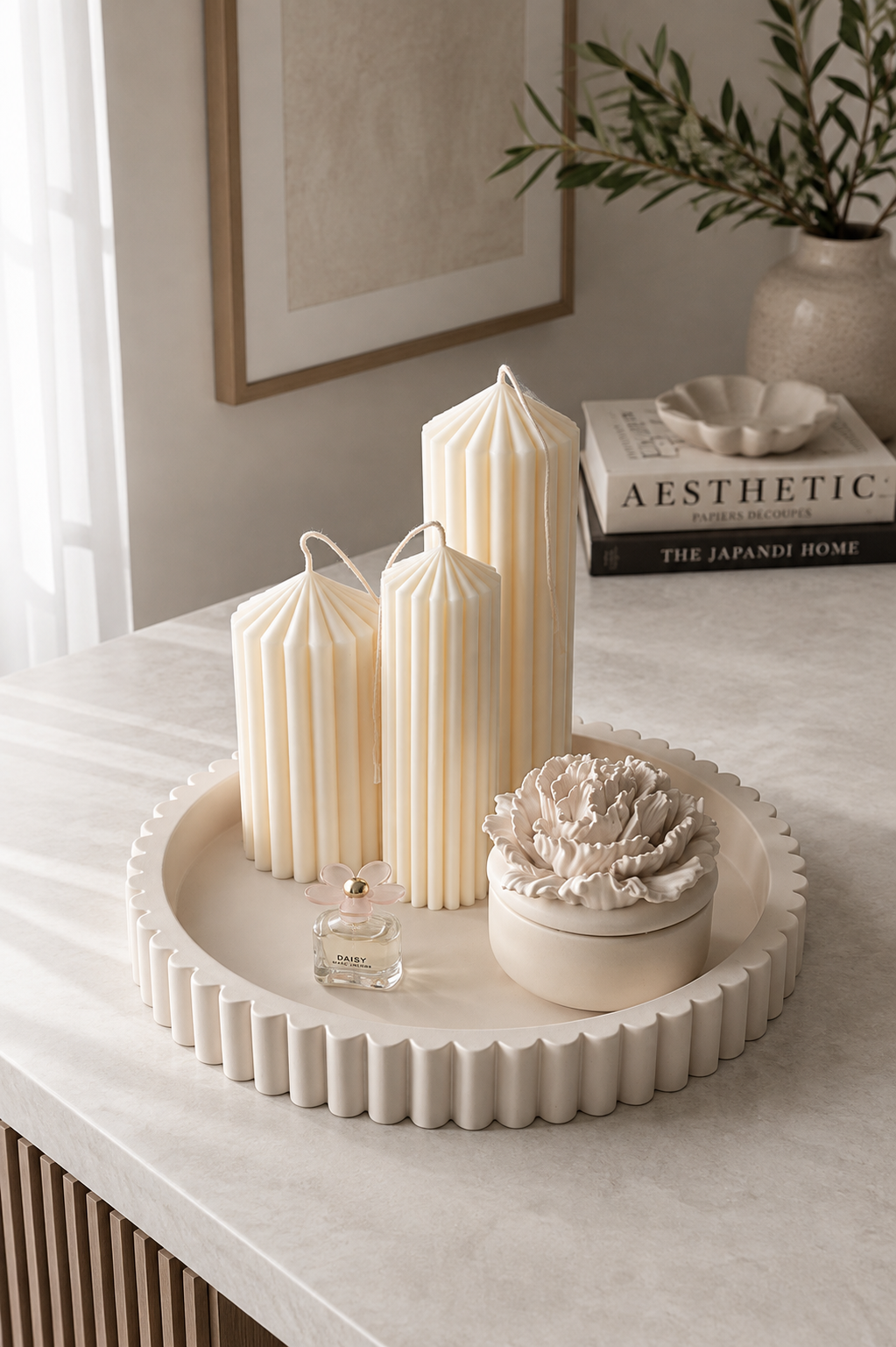 Vela large scalloped Jesmonite tray in cream marble styled as neutral home decor