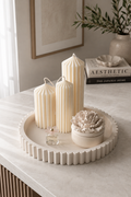 Vela large scalloped Jesmonite tray in cream marble styled as neutral home decor