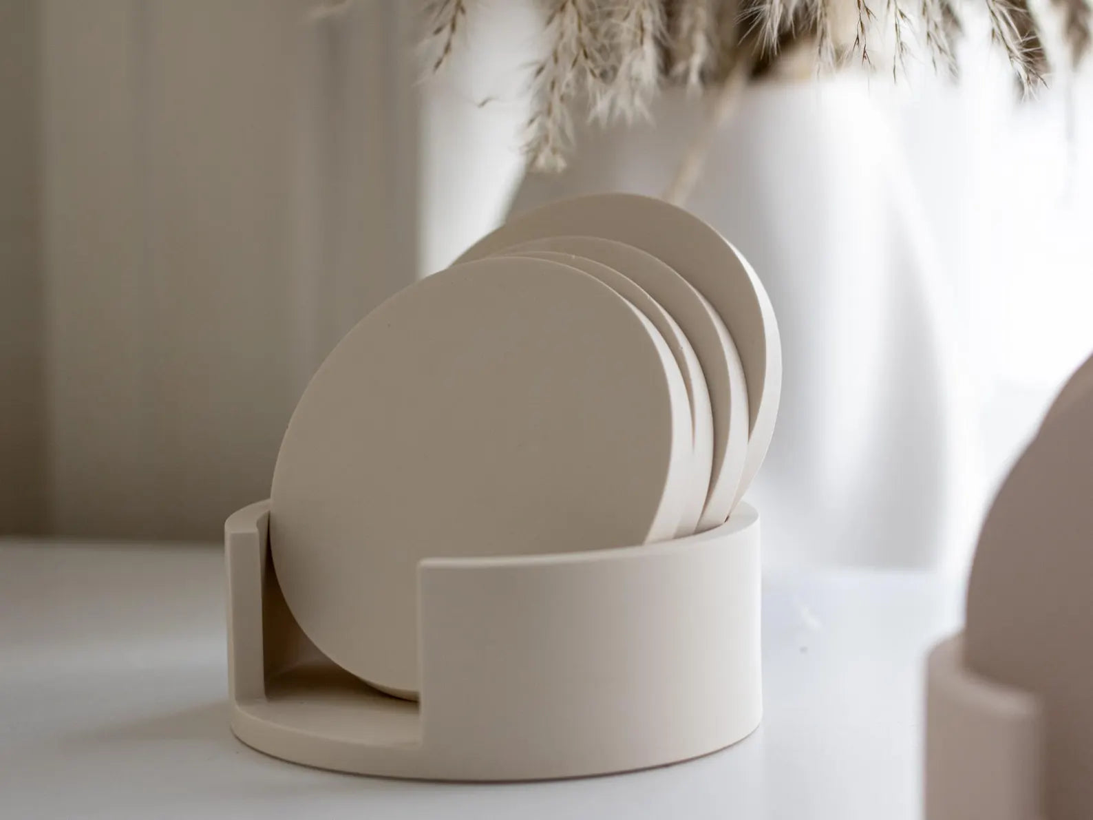 Round Coaster Set with Holder | Neutral Home Decor